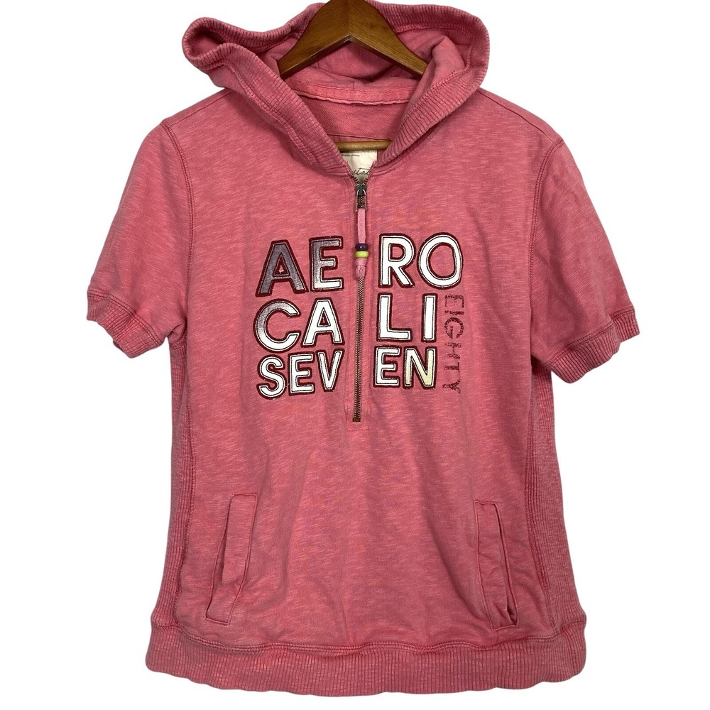 Vtg Y2K Aeropostale Womens XL Hoodie Pink‎ Zip Aero Spell Out 90s Preppy Pockets